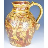 Slipware jug with motto 'Ye Fox and Hounds Guide Ale for Ye Harvest' and 'Phillip Burr / Burns