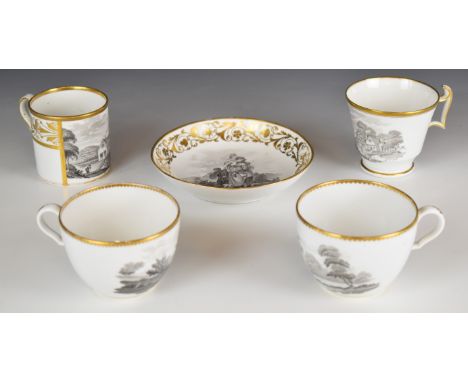 Four Spode bat print teacups / coffee cans and a saucer, some with Worlock Collection label to base