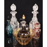 Seven pieces of Victorian and later glassware including a flash overlaid pedestal dish decorated