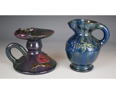 Elton Ware pottery chamberstick and jug with floral decoration in relief, Worlock Collection labels to base, tallest 13cm