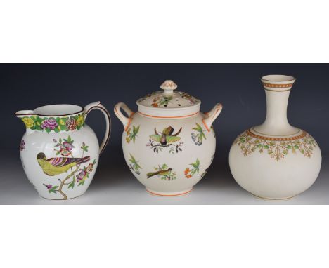 Copeland / Spode twin handled potpourri, pedestal vase and a jug with bird decoration, all with Worlock Collection labels to 