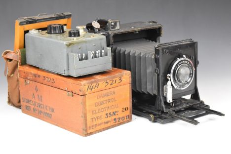 US Army C-3 Graflex folding camera with Optar f 4.5 6 3/8" focus lens, together with various film holders and an Air Ministry