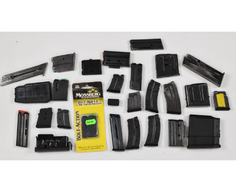 Twenty-six various rifle magazines including Savage .243, Mossburg .17 HMR, .22 LR etc.  PLEASE NOTE THAT A VALID RELEVANT FI