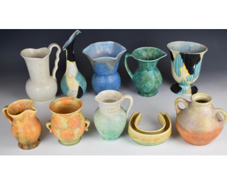 Collection of Beswick retro / Art Deco and drip glazed ceramic jugs, vases and ewer, shape numbers include 40, 552, 702-4, 14