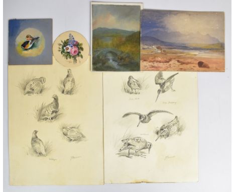 W H Austin (Royal Worcester artist) watercolour miniature of roses and four unsigned studies of birds / landscapes, probably 