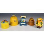 Japanese preserve / honey pots, vase and candlesticks including Marutomo ware, tallest 12cm