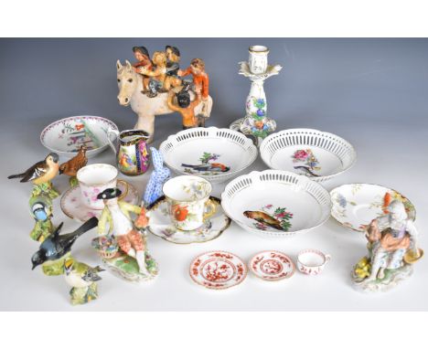 Collection of ceramics including Dresden figures, candlestick, Herend rabbit, David Brown pottery horse, Beswick, Aynsley tea