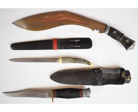 William Rodgers 'I Cut My Way' Bowie knife with leather covered grip, 14.5cm blade and scabbard, kukri knife with lion head p