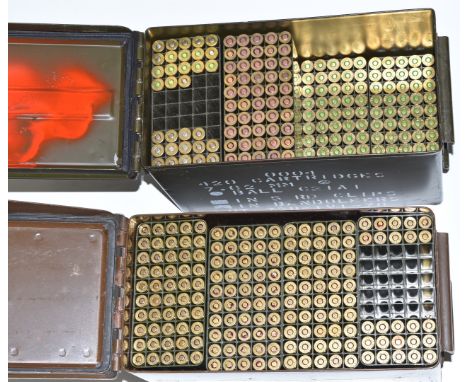 Three-hundred-and-seventy-five .308/ 7.62x51 and .303 rifle cartridges, in two metal ammunition carriers. PLEASE NOTE THAT A 
