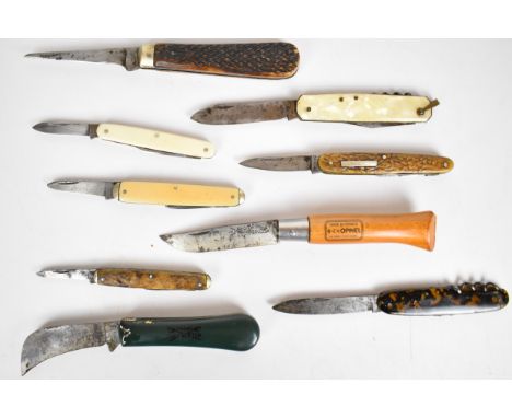 Eight pocket / folding knives including Opinel, Taylors Eye Witness and Redge, together with a Wilkinson Sword pruning knife,