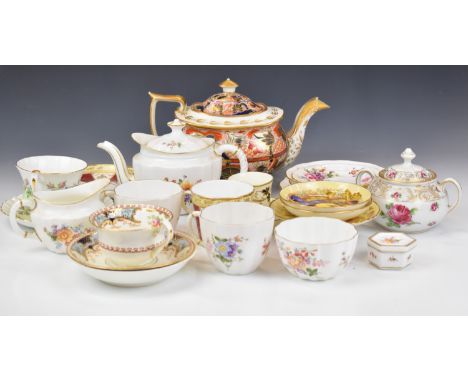 Collection of mainly English porcelain tea ware including Imari teapot, Royal Crown Derby teaware in the Posies pattern inclu