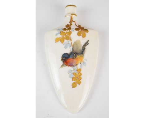 Royal Worcester porcelain scent bottle with hand painted decoration of a fledgling bird amongst foliage, with puce stamp to b