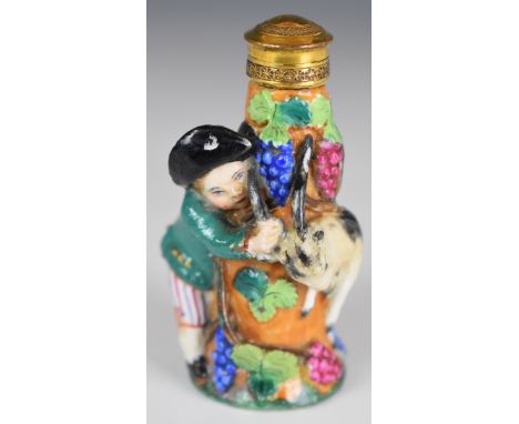 19thC porcelain figural scent / perfume bottle with goat, fruit and vine decoration in relief, probably Spode / Copeland, hei