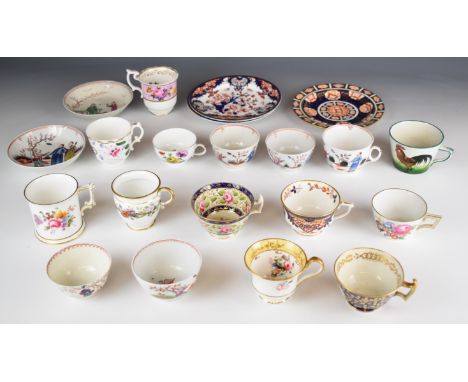 Collection of 19thC Coalport, Ridgway, New Hall, Derby, Meissen and other teacups, bowls, saucers and plates including Derby 