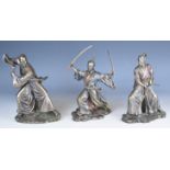 A set of three bronze style Japanese Samurai warrior figures, each 22cm tall.