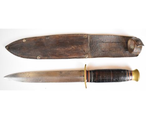 Fighting / hunting knife with brass cross piece and pommel, leather covered grip and 17.5cm double edged blade marked Taylor 