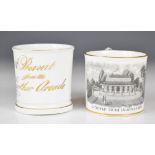 Two 19thC mugs comprising one from 'A Present From The Lowther Arcade' (in the Strand, famous for
