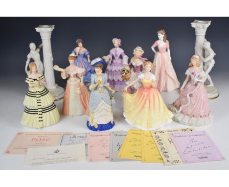 Seven Wedgwood figurines including limited edition examples Golden Rose, Coronation Ball and Christmas at Windsor, pair of Fr