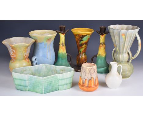 Collection of Beswick retro / Art Deco and drip glazed ceramics including unusual early vase with very early John Beswick bac