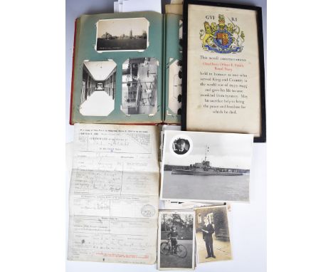 Edwardian postcard album, Royal Naval service records and death scroll for Chief Petty Officer F Meads Royal Navy with relate