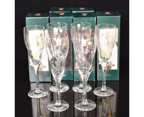 Holmegaard Xanadu set of six clear glass champagne flutes, 22.5cm tall, all in original boxes with labels