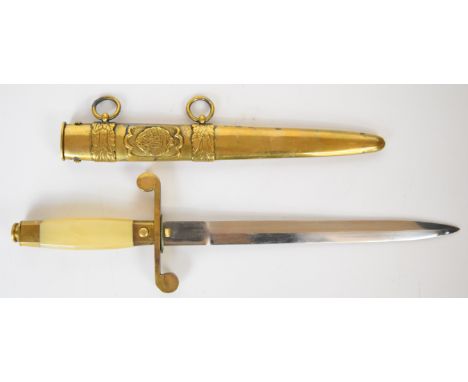 Romania army officer's dress dagger with brass cross piece and pommel, 2598 to ricasso, 21cm double edged blade and scabbard.