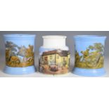 Prattware pot decorated with fisherwomen and two cache pots, tallest 12cm
