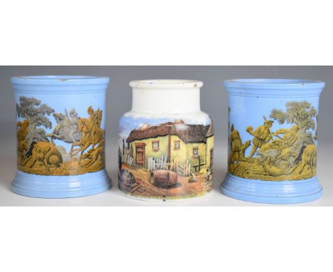 Prattware pot decorated with fisherwomen and two cache pots, tallest 12cm