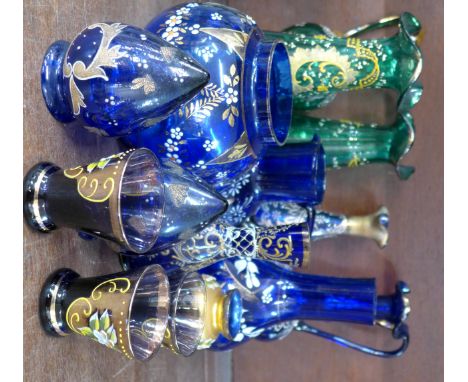 Blue and green coloured glassware with gilded and enamel decoration