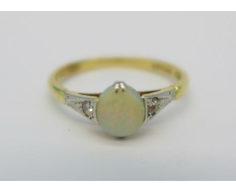 An 18ct gold, opal and diamond ring, 2.9g, R