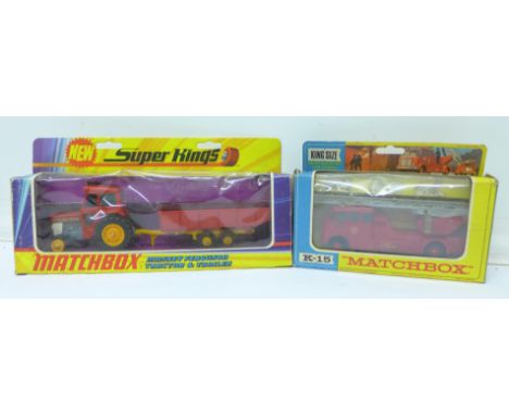 Two Matchbox model vehicles, King Size K-15 Merryweather Fire Engine and Superkings K-3 Massey Ferguson Tractor & Trailer, bo