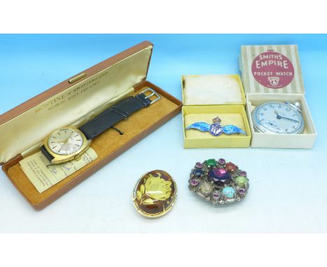 A silver and enamel RAF sweetheart brooch, a Smiths coronation pocket watch, a Montine automatic wristwatch and two brooches