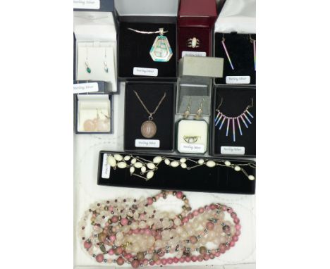 Silver mounted jewellery including rose quartz, synthetic opal, etc.