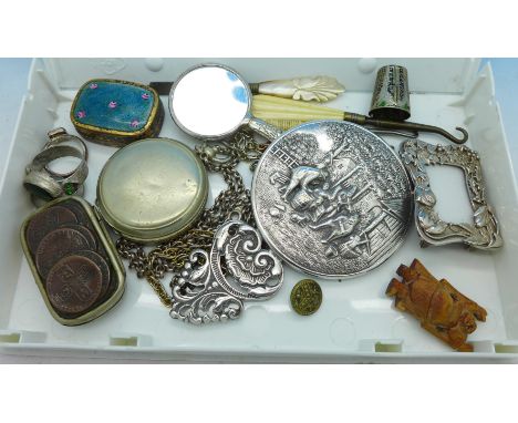 A white metal hand mirror marked Denmark, a compass on a silver chain, thimble, patch box, etc.