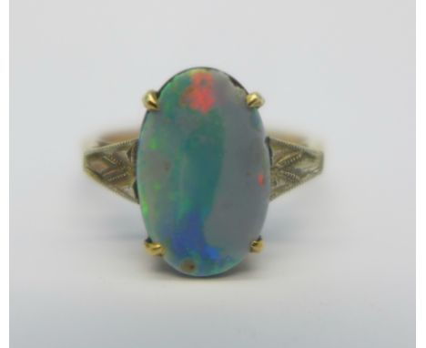 A yellow metal and doublet opal Art Deco ring, 2.4g, M