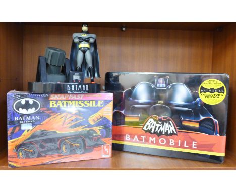 Batman; Batmobile model kit, illuminating talking alarm clock and a Snapfast Batmissile, (3)