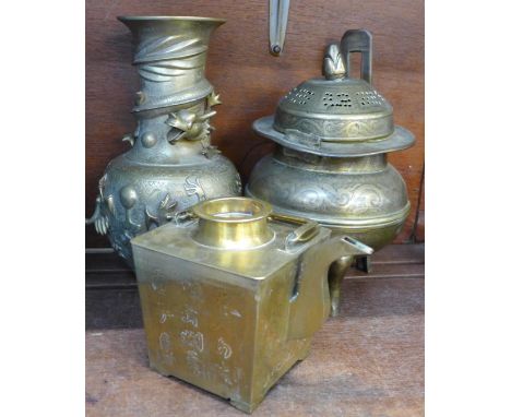 Three metal oriental items, vase, teapot and incense burner