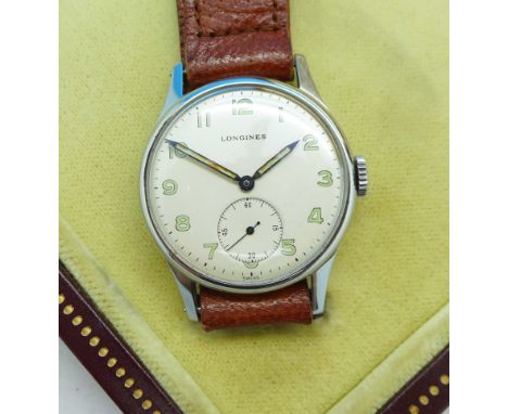 A 1940's Longines wristwatch, manual wind, stainless steel case, with box, refurbished dial, 32mm case