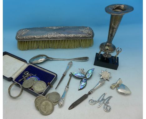 A silver and enamel Polytechnic Cycling Club 1931 fob medal, sterling manicures, a silver vase a/f, a silver spoon a/f, a min