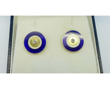 A pair of 18ct gold, enamel and diamond set stud earrings