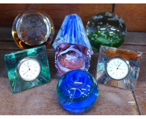 Seven Caithness glass paperweights, (one lacking clock)
