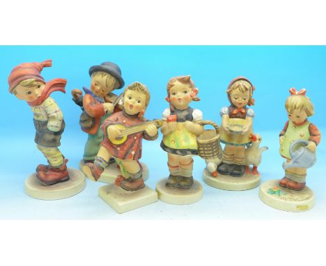 Six Hummel figures, one a/f and one with small chip to the base
