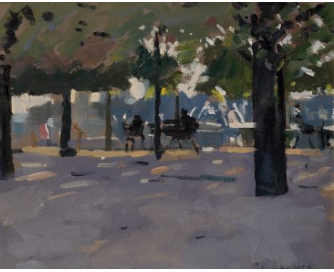 Ken Howard OBE RA,  British 1932–2022 -   Tuileries;   oil on canvas board, signed lower right 'Ken Howard', bears title to t