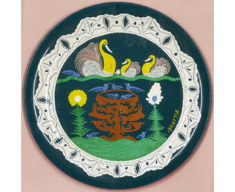 Scottie Wilson,  Scottish 1888-1972 -   Birds;   enamel on ceramic plate, signed on the right 'Scottie', 25cm diam. (ARR) 