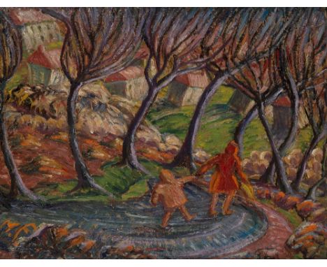 Millie Frood,  Scottish 1900–1988 -   Two Figures;   oil on board, initialled lower left 'M.F.', signed on the reverse 'M. Fr