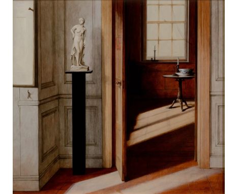 Ron Bone,  British 1950-2011-   Private Apartment;  acrylic on panel, signed lower right 'Bone', 42 x 46.5 cm   Provenance: J