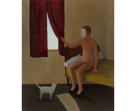 John Kirby,  British b.1949 -   Man with a White Cat, 1995;   oil on board, signed, titled and dated on the reverse 'J. Kirby