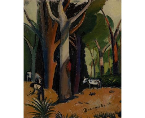 Pranas Domsaitis,  South African 1880-1965 -   Farmer and cattle in a forest;   oil on board, signed lower right 'Domsaitis',