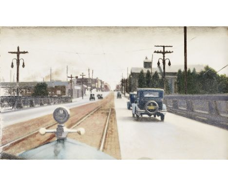 Guy Johnson,  American 1927-2019 -   Entering Terre Haute, Indiana. Sept 9 1931, 1976;   oil on board mounted to masonite, ti