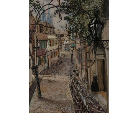Max Walker,  British 20th century -   Rue du Lycee, Quimper, Brittany;   tempera on paper, laid down to card, signed lower le